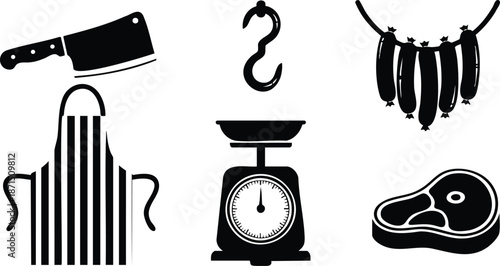 Flat design butcher tools set close up black silhouette cleaver apron meat hook hanging sausages kitchen scale steak icon composition minimal bold top view angle high