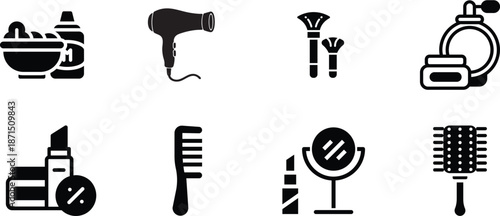 Beauty Salon and Makeup Icons Set – Haircare, Cosmetics and Grooming Vector Symbols