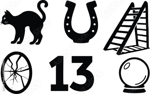 Flat vector superstition icon set with black cat horseshoe ladder cracked mirror number thirteen crystal ball arranged in simple