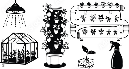 Line art vector vertical hydroponic tower with nft pipe system greenhouse and overhead grow light spray bottle seedling in sponge close up three quarter angle illustration