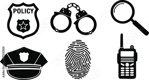 Flat design police icons set close up badge hat handcuffs fingerprint magnifier radio patrol shield emblem law enforcement symbols minimalist black vector composition isolated white background