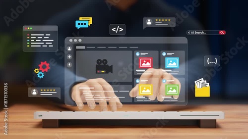 Web Design and App Development Concept. UX-UI Design, User Experience, Modern Interface Designing, Creative Planning and Data Visualization. Web Developer Working on a Website. 3D Video