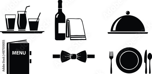 Flat vector restaurant service icons close up set showing drink tray wine bottle with towel cloche menu bow tie place setting and cutlery in silhouette style