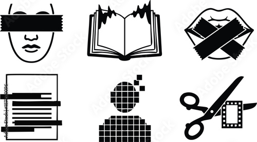 Flat design vector set of black censorship icons showing blindfolded face taped mouth redacted document open book torn pages pixel avatar film scissors cutting frame isolated