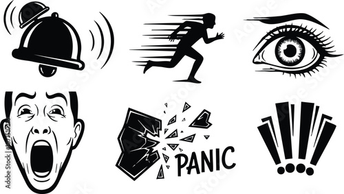 Minimalist icon set black panic and alert symbols showing ringing bell running figure wide eye screaming face shattered word panic and exclamation burst in flat vector