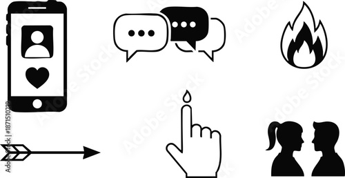 Flat design mobile dating app heart profile and chat bubbles flame arrow tap finger drop and couple silhouettes minimal black vector icon set simple line style