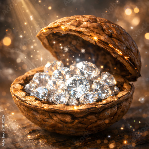 Magical close-up of a cracked walnut revealing glowing diamonds inside, sparkling particles, enchanted cracks, warm mystical light, dreamy fantasy, photorealistic, ultra-detailed, cinematic.