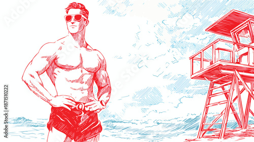 Confident Handsome Lifeguard Posing Isolated on White Background Vector Illustration