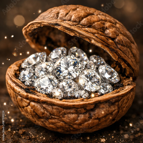 Hyper-realistic macro of a cracked walnut revealing sparkling diamonds inside, with detailed textures, subtle bokeh, and luxurious, cinematic lighting.