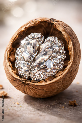 Macro photo of a walnut cracked open, revealing a flawless, walnut-shaped diamond. Sparkling crystal contrasts with textured shell, symbolizing hidden value and discovery.
