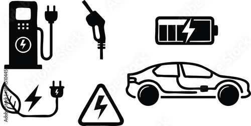 Flat design line art electric car charging icons set showing side view car charging plug battery symbol and eco leaf energy warning sign charger nozzle station