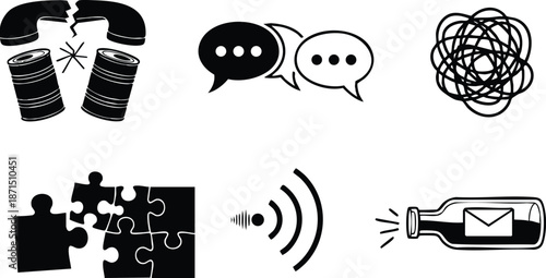 Flat icon communication set showing broken can telephone cans clashing speech bubbles tangled scribble puzzle pieces sound waves and message in bottle minimalist black vector illustration
