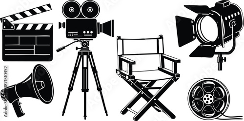Flat design classic film equipment set showing vintage movie camera on tripod clapperboard director chair studio light and film reel in bold black silhouette on white