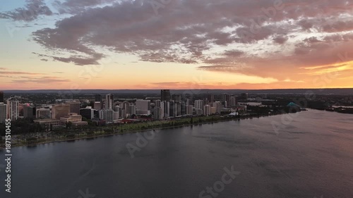 Wallpaper Mural Sunrise  Over Perth City, Western Australia – 4K Aerial Drone Footage of Skyline, Swan River, Central Business District, CBD, Modern Skyscrapers, Waterfront Marina, Swan River and Golden Morning Light Torontodigital.ca