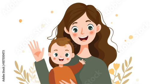 Joyful Mother and Baby Waving with Outline Isolated on White Background