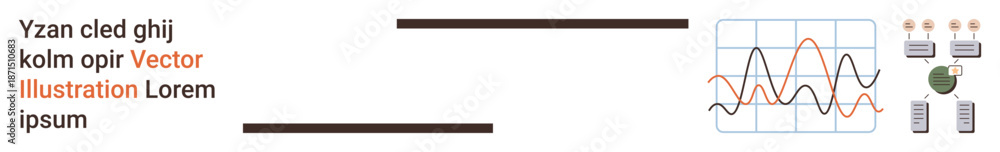 Fototapeta premium Data analytics, technology, digital network, research, business trends, communication. Line graph next to interconnected nodes and devices. Data analytics and network technology concept