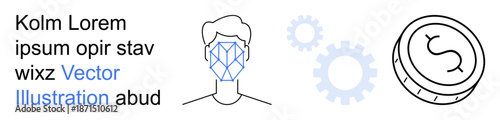 Artificial intelligence, identity verification, automation, digital payments, fintech. A facial recognition outline, gear icons, and currency coin. AI advancements and identity verification concept