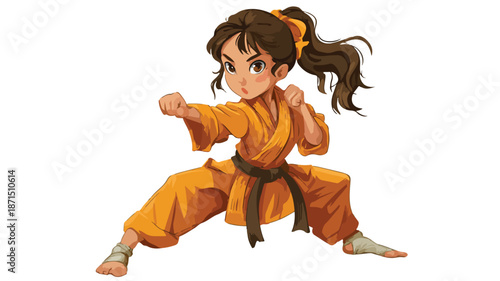 Karate Girl Cartoon Vector with Outline on White Background