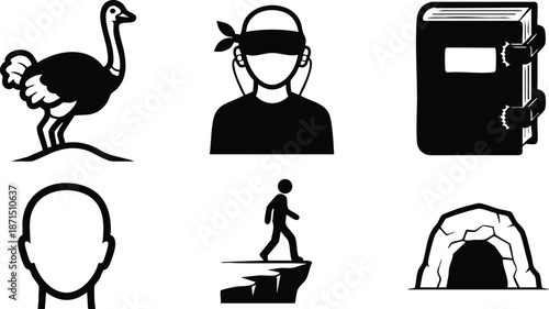 Flat design set of six black silhouette icons ostrich blindfolded person bound book blank head walking off cliff cave in minimal vector style minimal bold icons