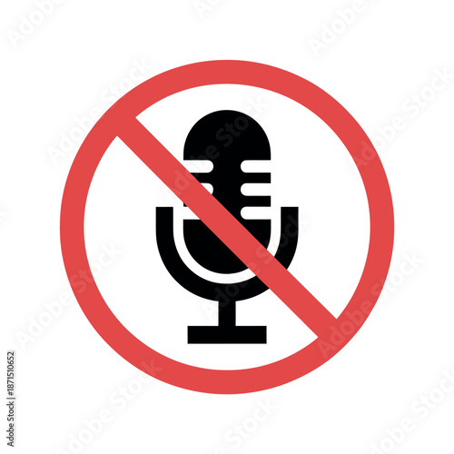 Black microphone illustration within a red circle communicates a strict no recording rule.
