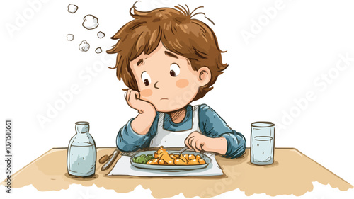 Young Boy Looking Uninterested While Eating, Vector Illustration on White Background