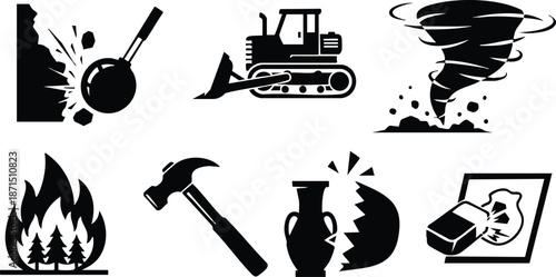 Flat design silhouette emergency destruction icon set showing wrecking ball breaking wall bulldozer tornado touching down forest fire burning trees hammer breaking pottery and car crash