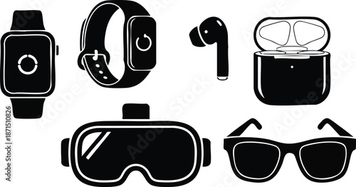 Minimalist flat vector lineup of wearable tech accessories close up top view smartwatch strap watch earbuds charging case vr goggles sunglasses black silhouette isolated studio icons