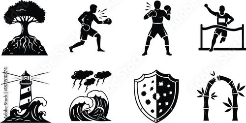 Flat design black silhouette icon set showing boxer punching runner finishing lighthouse waves shield bamboo tree with roots storm clouds and ocean swell minimal vector art