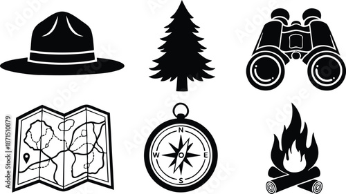 Flat design hiking icons set hat tree binoculars map compass and campfire arranged in grid black silhouette vector art for outdoor gear simple badge style minimalist