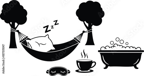 Flat design close up sleeping person in hammock between two trees with pillow steaming cup beside bubble bath and sleeping mask low angle silhouette minimalist peaceful