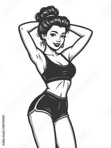 smiling woman in workout clothes striking a playful fitness pose with a confident attitude sketch engraving generative ai fictional character vector illustration. Scratch board. Black and white image.