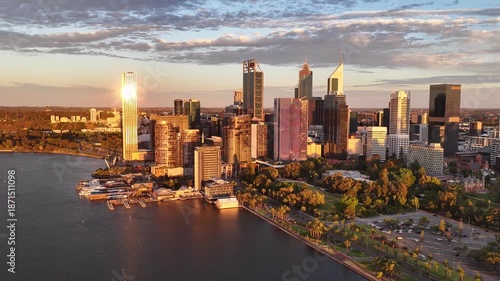 Perth City at Sunrise, Western Australia – 4K Aerial Drone Footage of Skyline, Swan River, Central Business District, CBD, Modern Skyscrapers, Waterfront Marina, Swan River and Golden Morning Light