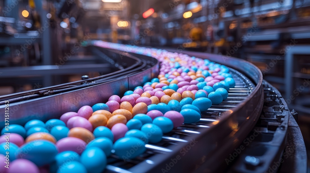 Fototapeta premium This image captures a winding conveyor belt filled with vibrant, colorful eggs, illustrating the fascinating interplay of industrial processes and vibrant aesthetic appeal in modern egg production.