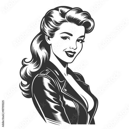smiling young woman in a leather jacket and choker, expressing confidence and charm sketch engraving generative ai fictional character vector illustration. Scratch board imitation. Black and white.