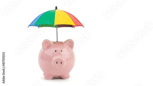 A pink ceramic piggy bank sits atop a pile of gold coins and cash, symbolizing financial savings, business investment, and wealth economy through a classic money banking concept