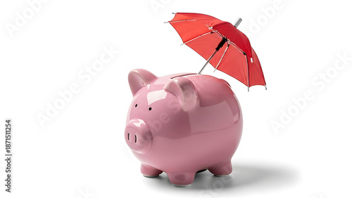 A pink ceramic piggy bank sits atop a pile of gold coins and cash, symbolizing financial savings, business investment, and wealth economy through a classic money banking concept
