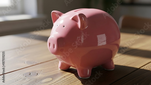 A pink ceramic piggy bank sits atop a pile of gold coins and cash, symbolizing financial savings, business investment, and wealth economy through a classic money banking concept