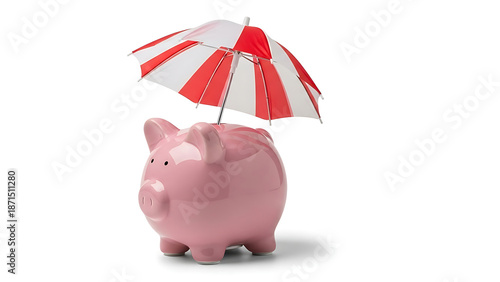 A pink ceramic piggy bank sits atop a pile of gold coins and cash, symbolizing financial savings, business investment, and wealth economy through a classic money banking concept