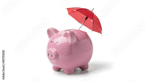 A pink ceramic piggy bank sits atop a pile of gold coins and cash, symbolizing financial savings, business investment, and wealth economy through a classic money banking concept