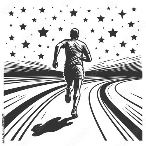 male runner on a track at night, surrounded by stars and cosmic scenery, symbolizing determination sketch engraving generative ai vector illustration. Scratch board. Black and white image.