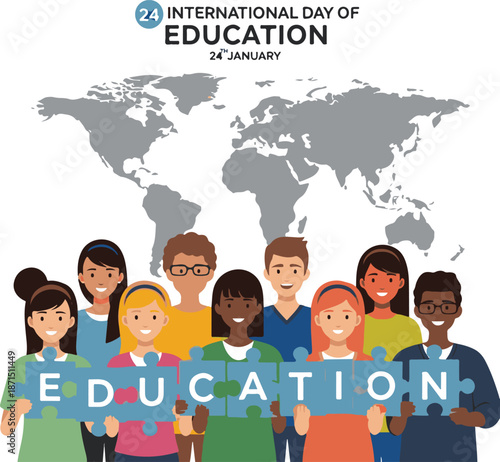 International Day of Education Banner with Diverse Students Holding Education Puzzle Pieces and World Map