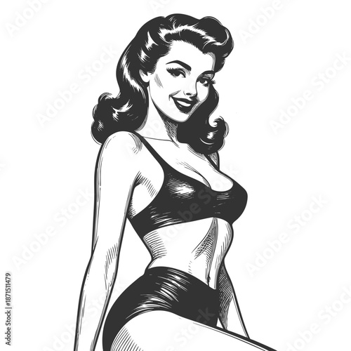 pin-up woman in a bikini-style outfit, smiling confidently with classic wavy hair sketch engraving generative ai fictional character vector illustration. Scratch board imitation. Black and white image