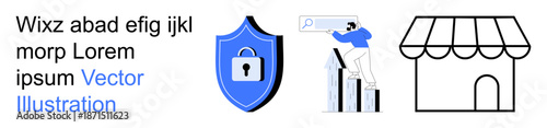 Cybersecurity, business growth, e-commerce, online search, data security, retail. A shield with a lock, person analyzing growth charts storefront outline. Cybersecurity and business growth visual