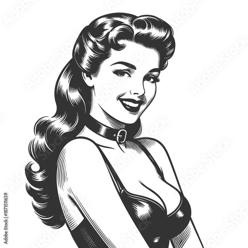 smiling pin-up woman with voluminous hair, wearing a choker and a revealing top sketch engraving generative ai fictional character vector illustration. Scratch board imitation. Black and white image.