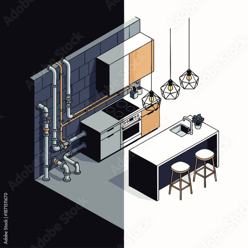 Isometric kitchen design with exposed pipes and modern appliances, split-tone background