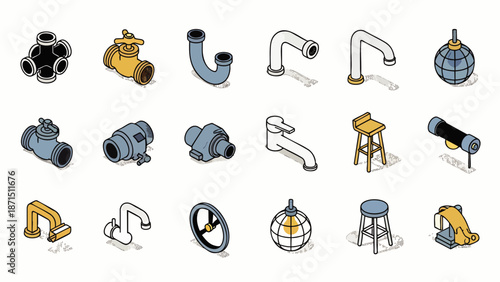 Isometric Plumbing Fixtures and Tools Collection: Faucets, Pipes, Valves, and More