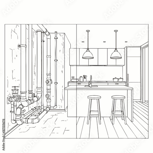 Modern Kitchen Interior Design with Exposed Industrial Plumbing and Island with Stools, Line Art Sketch
