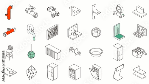 Isometric Icons of Home Appliances and Plumbing Fixtures for Design Projects