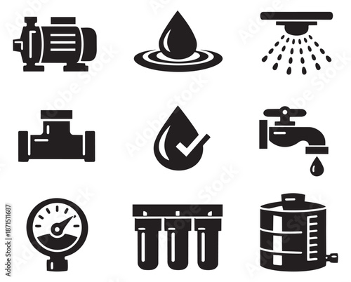 Glyph water supply and plumbing icon set featuring pumps, filters, and taps for industrial and residential systems