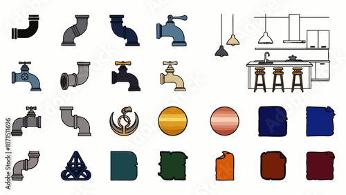 Plumbing Icons Set: Faucets, Pipes, Elbows, Tees, and Anchor Symbols for Industrial and Home Design